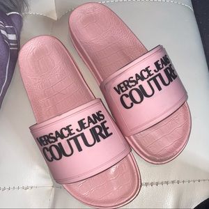 Pink Versace Jeans Couture Slides, Size: 38. Has few black scuff marks.